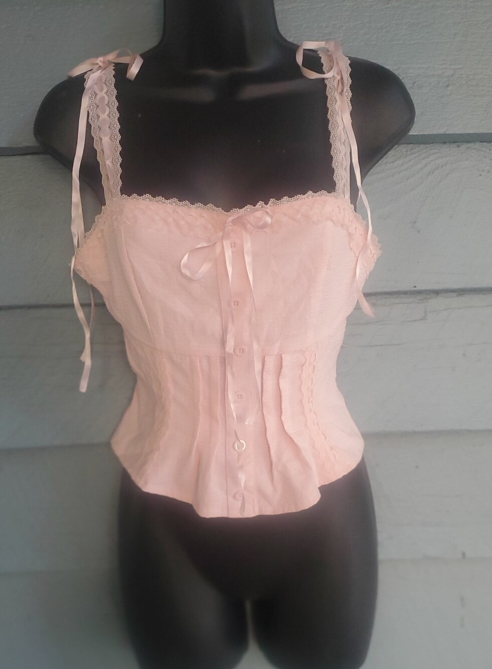SHEIN Pale Pink Lace-Trim Tie-Shoulder Corset Cami